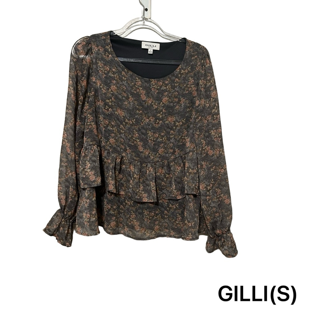 🐾Gilli Floral Women's Blouse - gray and Brown long sleeve size S GUC